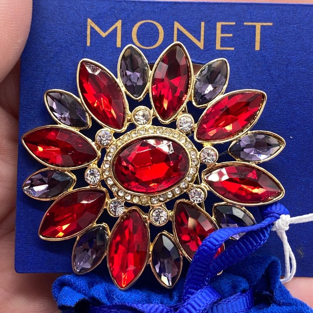 Monet Gold-Tone Red & Purple Rhinestone Flower Brooch Pin With Blue Velvet Pouch